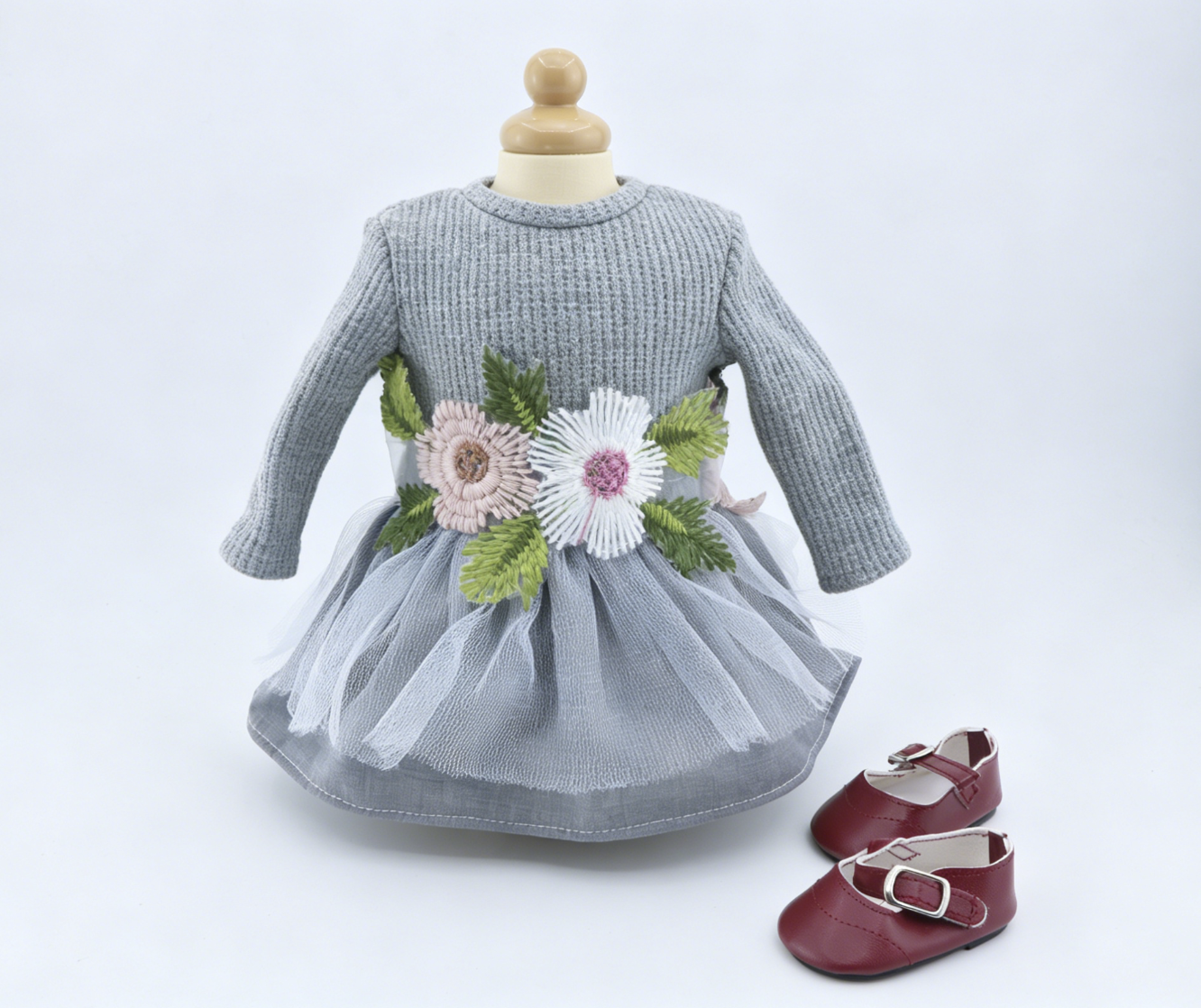 Angelina Gray Floral Embroidered Dress Set with Shoes for 18'' Doll