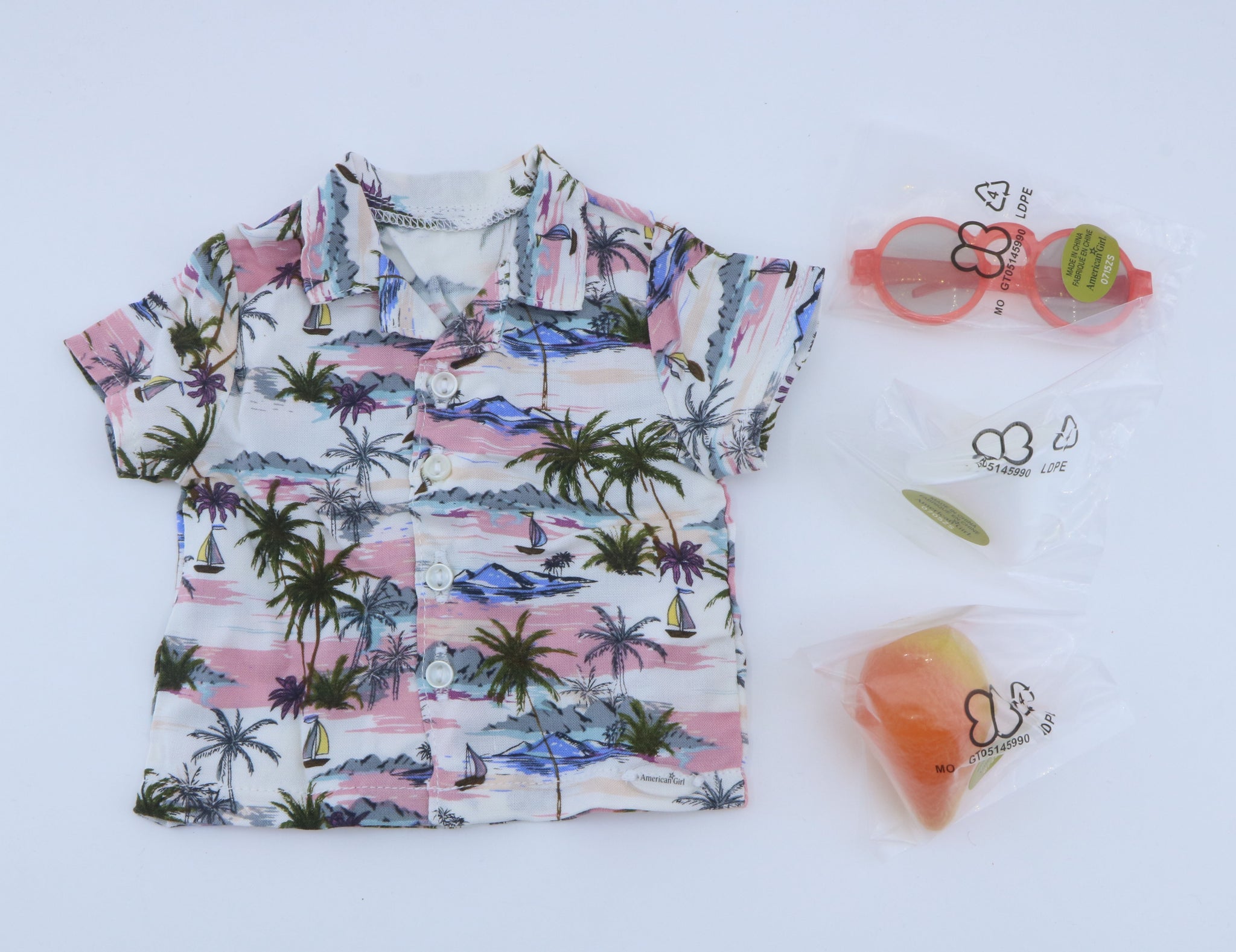 Authentic American Girl Nanea’s Beach Accessory Set for 18'' Doll - Aloha Shirt, Sunglasses & Shave Ice