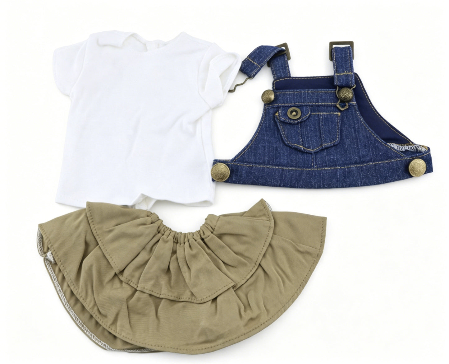 White Basic Short Sleeve Tee, Blue Denim Crop Overalls & Khaki Tiered Ruffle Skirt 3-Piece Casual Summer Outfit Set For 18-Inch Dolls