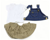 White Basic Short Sleeve Tee, Blue Denim Crop Overalls & Khaki Tiered Ruffle Skirt 3-Piece Casual Summer Outfit Set For 18-Inch Dolls