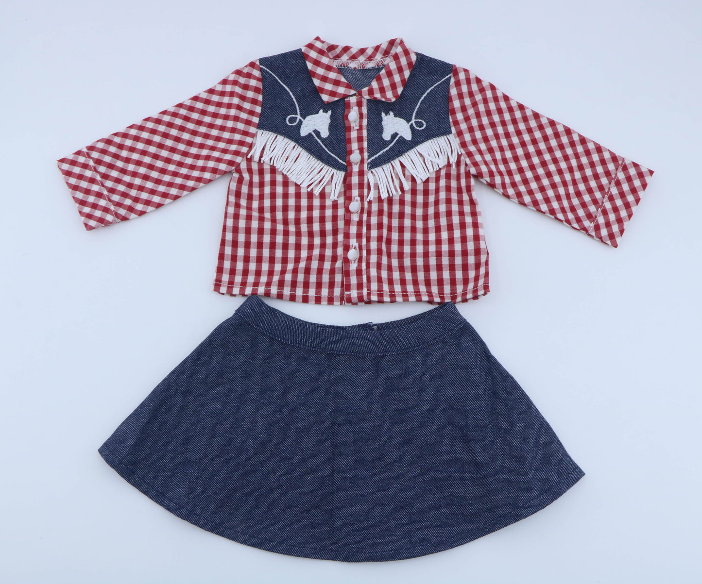 American Girl Red Gingham Western Cowboy Outfit with Denim Skirt for 18'' Doll