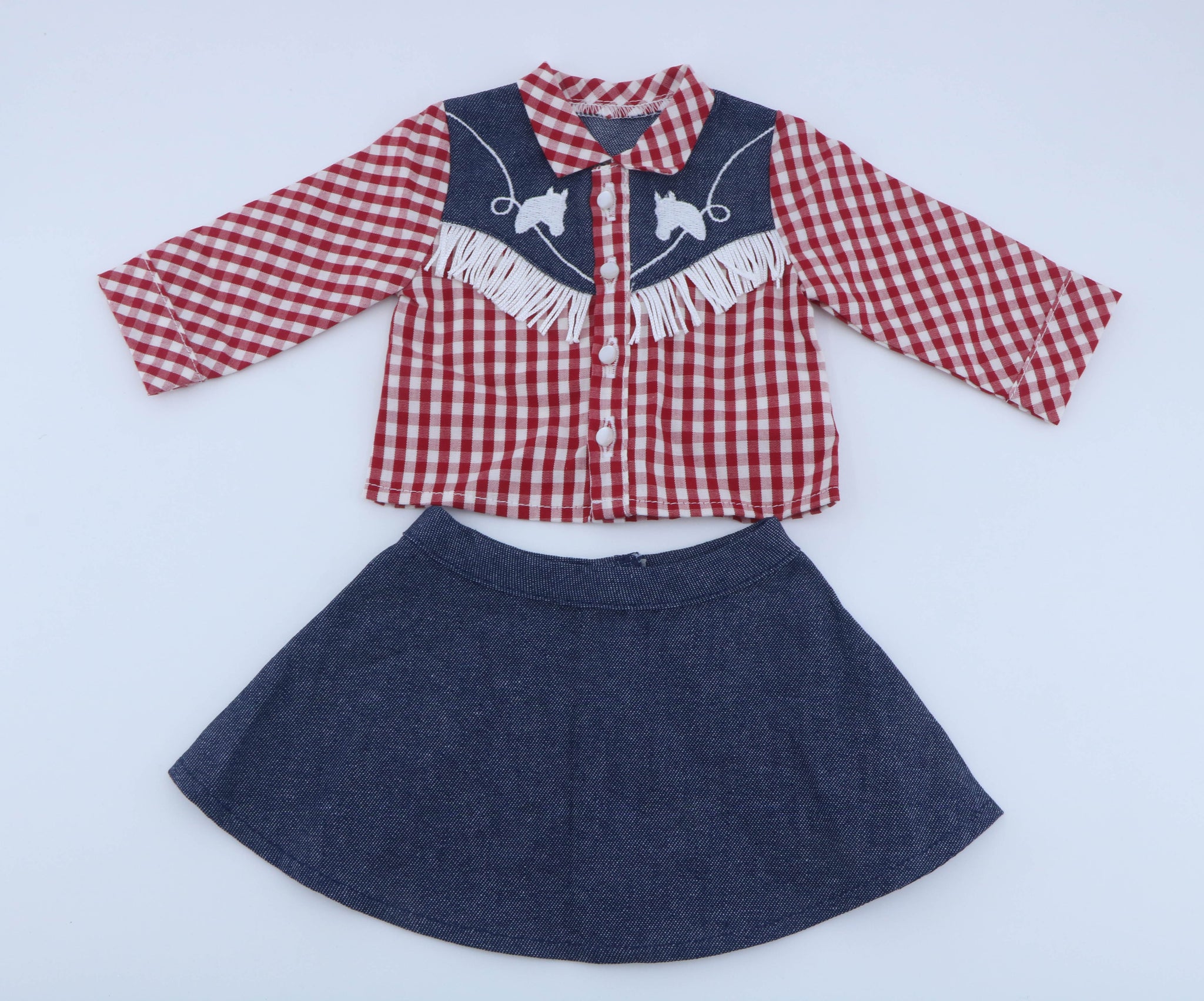 American Girl Red Gingham Western Cowboy Outfit with Denim Skirt for 18'' Doll