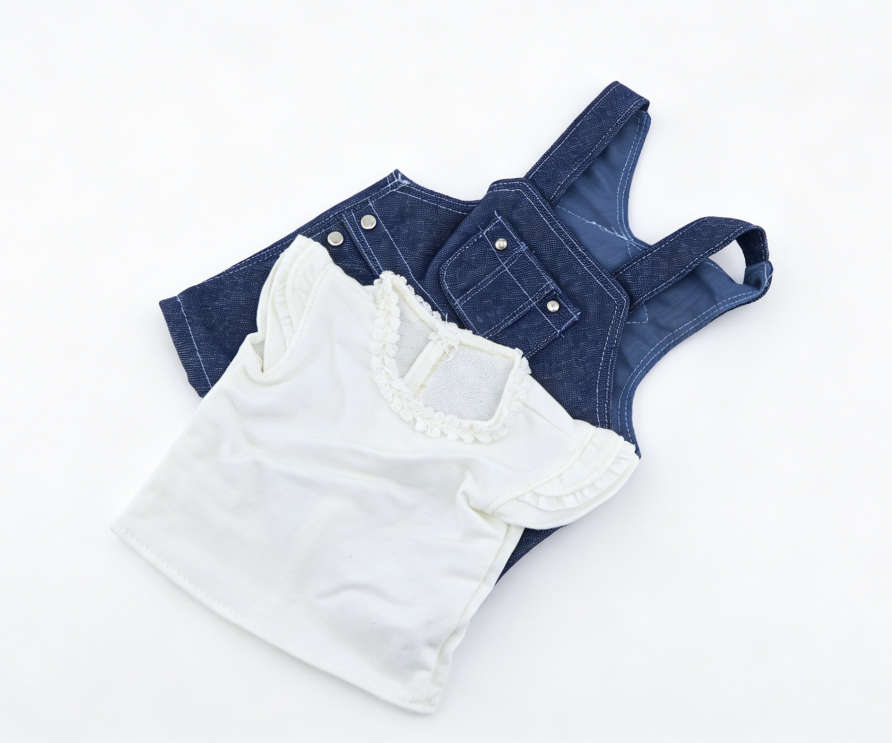 White Lace Ruffle Cap Sleeve Tank Top & Dark Denim Short Overalls 2-Piece Summer Outfit Set For 18-Inch Dolls