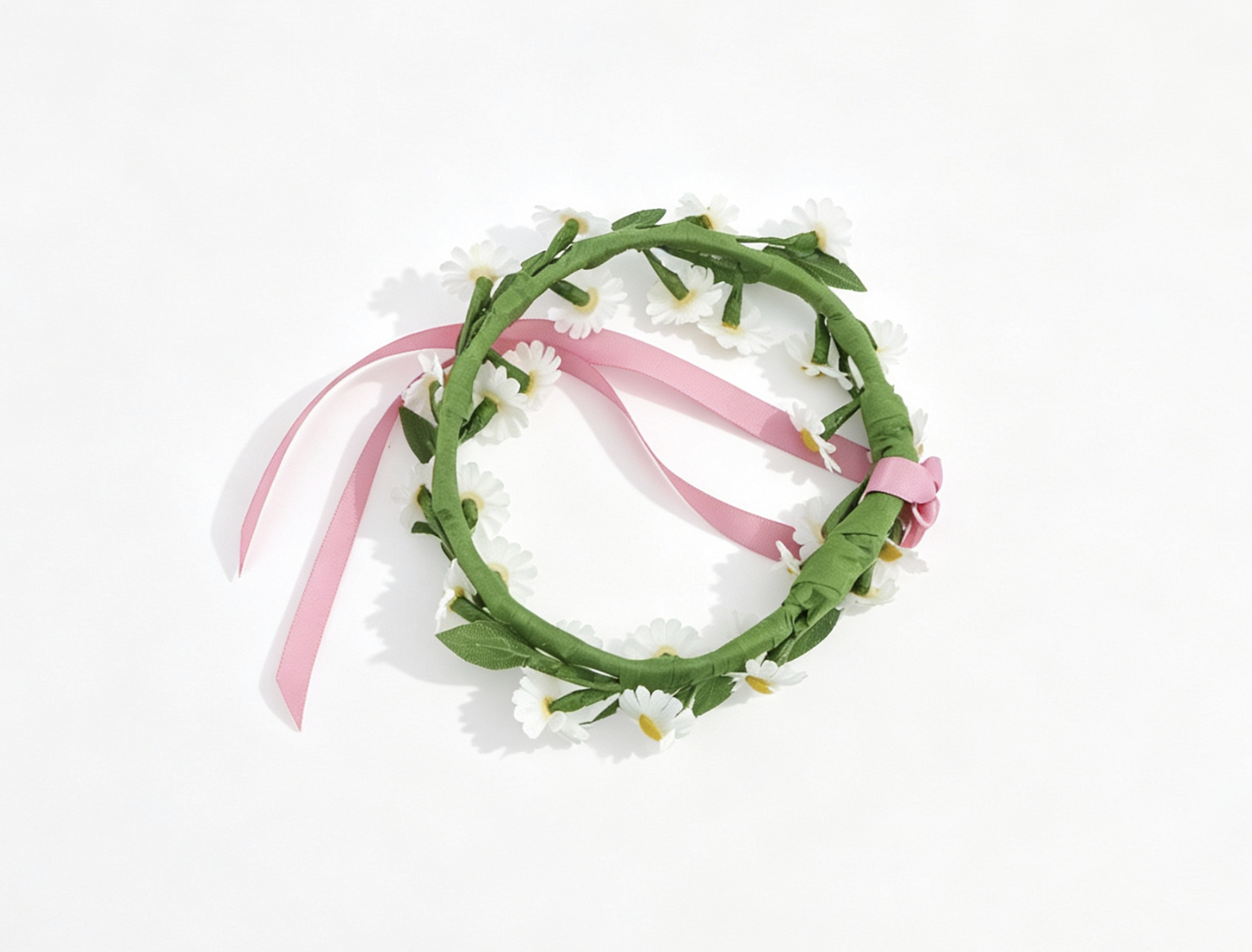 Daisy Flower Wreath Headband With Pink Ribbon Outdoor Floral Accessory for 18'' Doll Picnic Dress Up Play