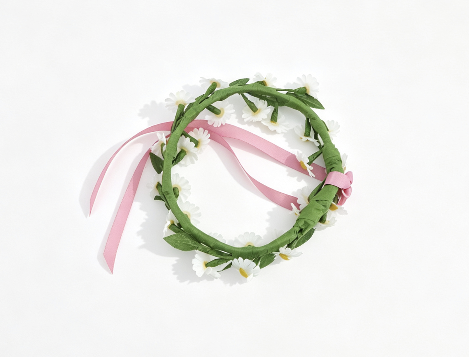 Daisy Flower Wreath Headband With Pink Ribbon Outdoor Floral Accessory for 18'' Doll Picnic Dress Up Play