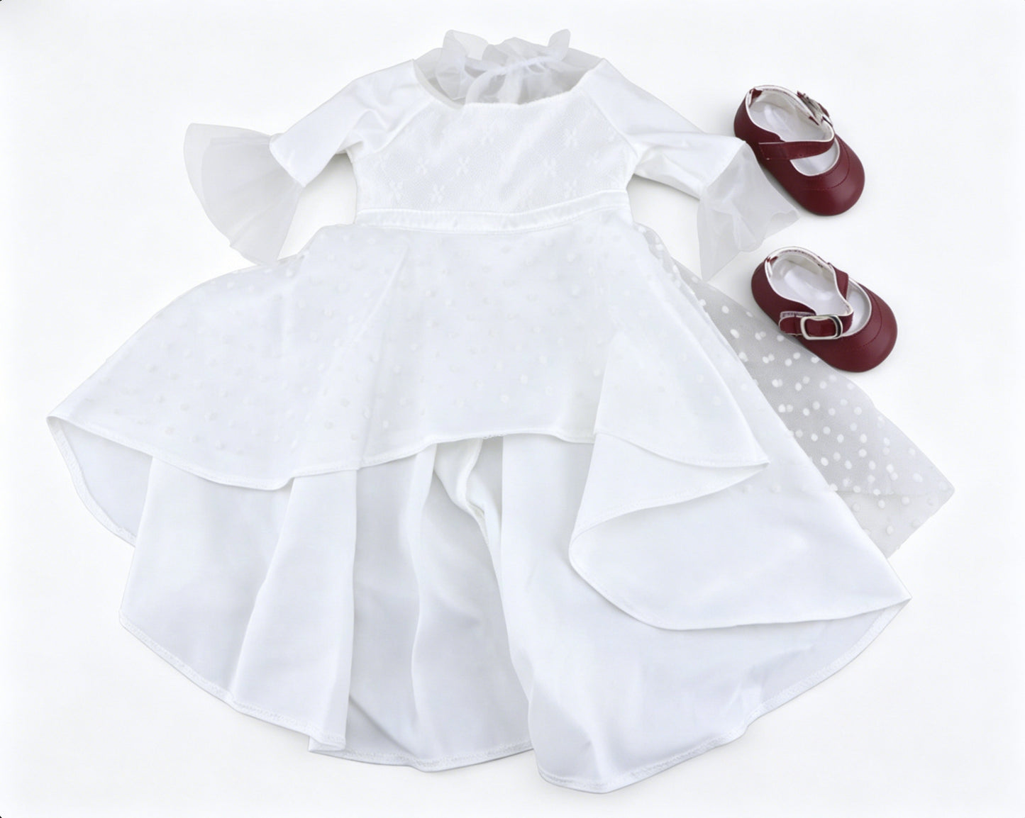 White Polka Dot Tulle High-Low Bell Sleeve Formal Dress & Burgundy Mary Jane Shoes 2-Piece Special Occasion Outfit For 18-Inch Dolls