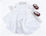 White Polka Dot Tulle High-Low Bell Sleeve Formal Dress & Burgundy Mary Jane Shoes 2-Piece Special Occasion Outfit For 18-Inch Dolls