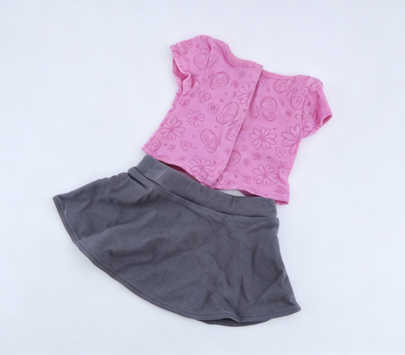 Pink Floral Butterfly Print Short Sleeve Tee & Gray Drawstring Skirt 2-Piece Doll Outfit FOR 18'' DOLL