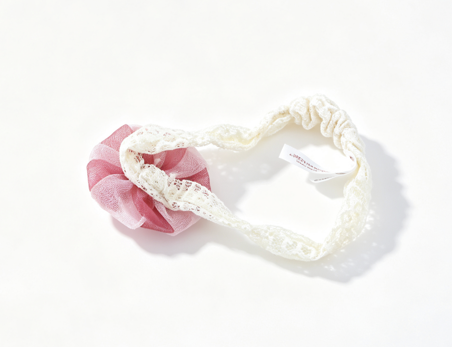 Cream Lace Elastic Headband With Pink Tulle Pearl Flower Floral Hair Accessory FOR 18'' doll