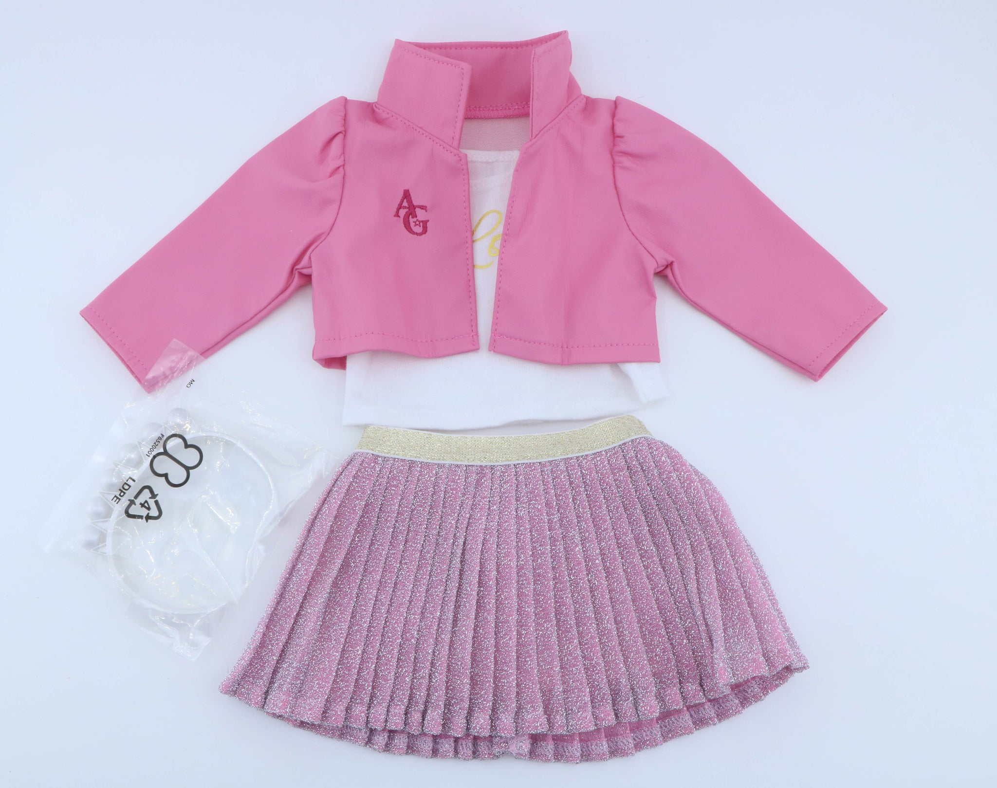 American Girl Pink Sparkle Pleated Skirt Outfit With Jacket & Love Top - For 18" Dolls