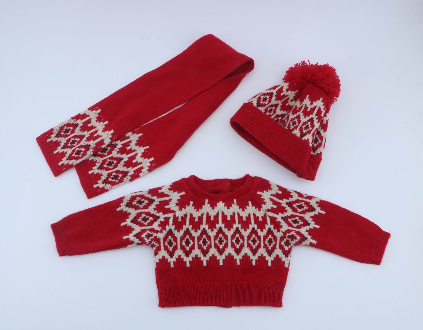 American Girl Red Fair Isle Knit Sweater Hat Scarf Set From Truly Me Winter Outfit Set – For 18" Dolls