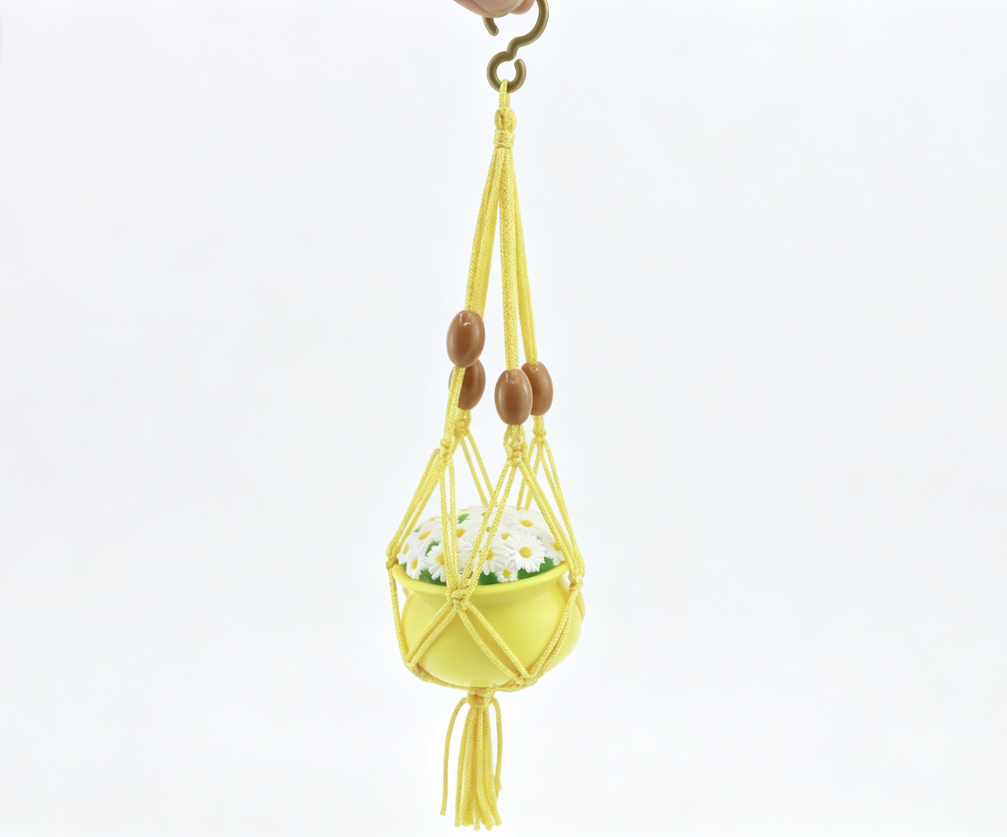 Boho Yellow Macrame Hanging Hamper with Daisy Top for 18'' Doll Retro 70s Bathroom Pretend Play