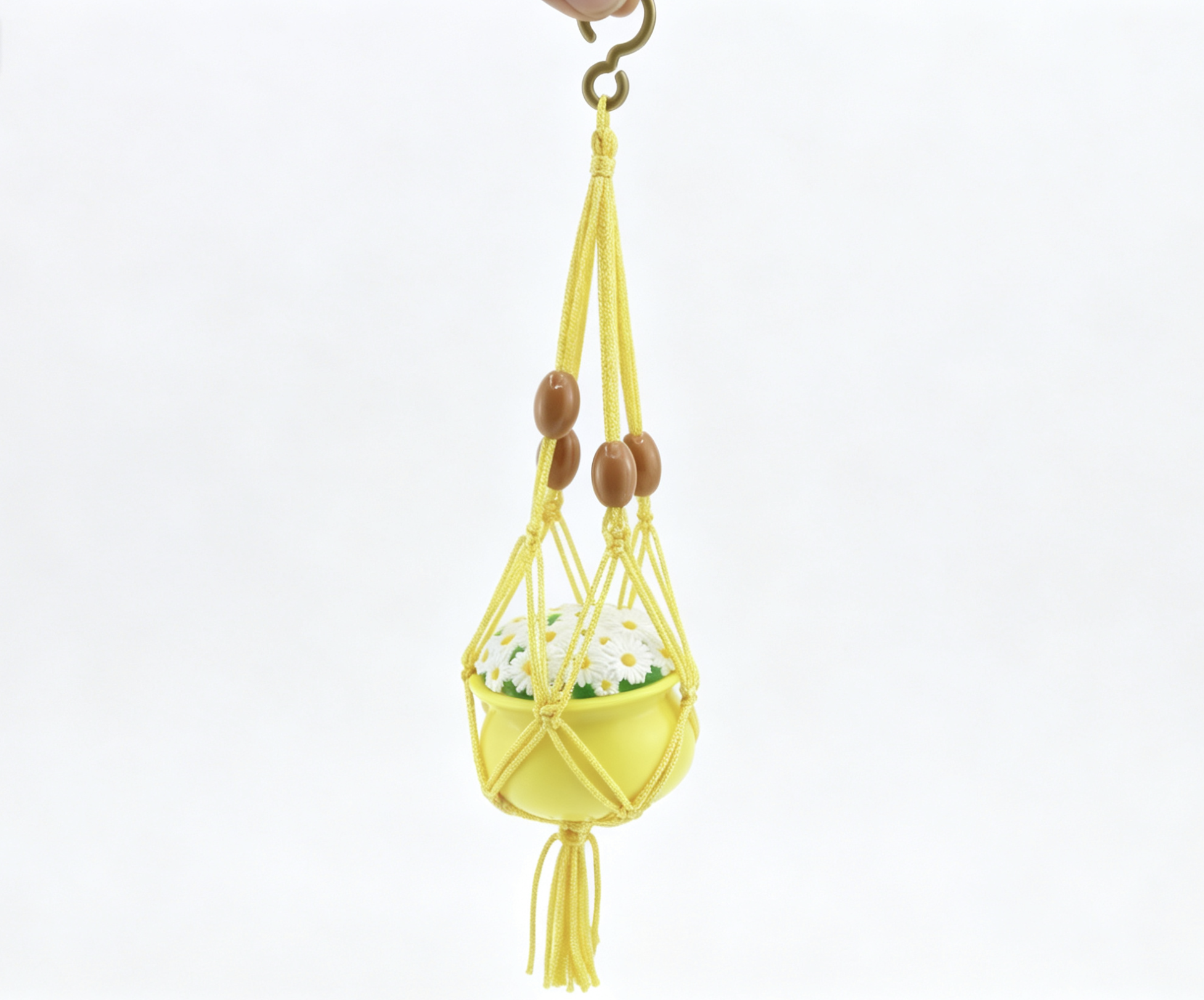 Boho Yellow Macrame Hanging Hamper with Daisy Top for 18'' Doll Retro 70s Bathroom Pretend Play