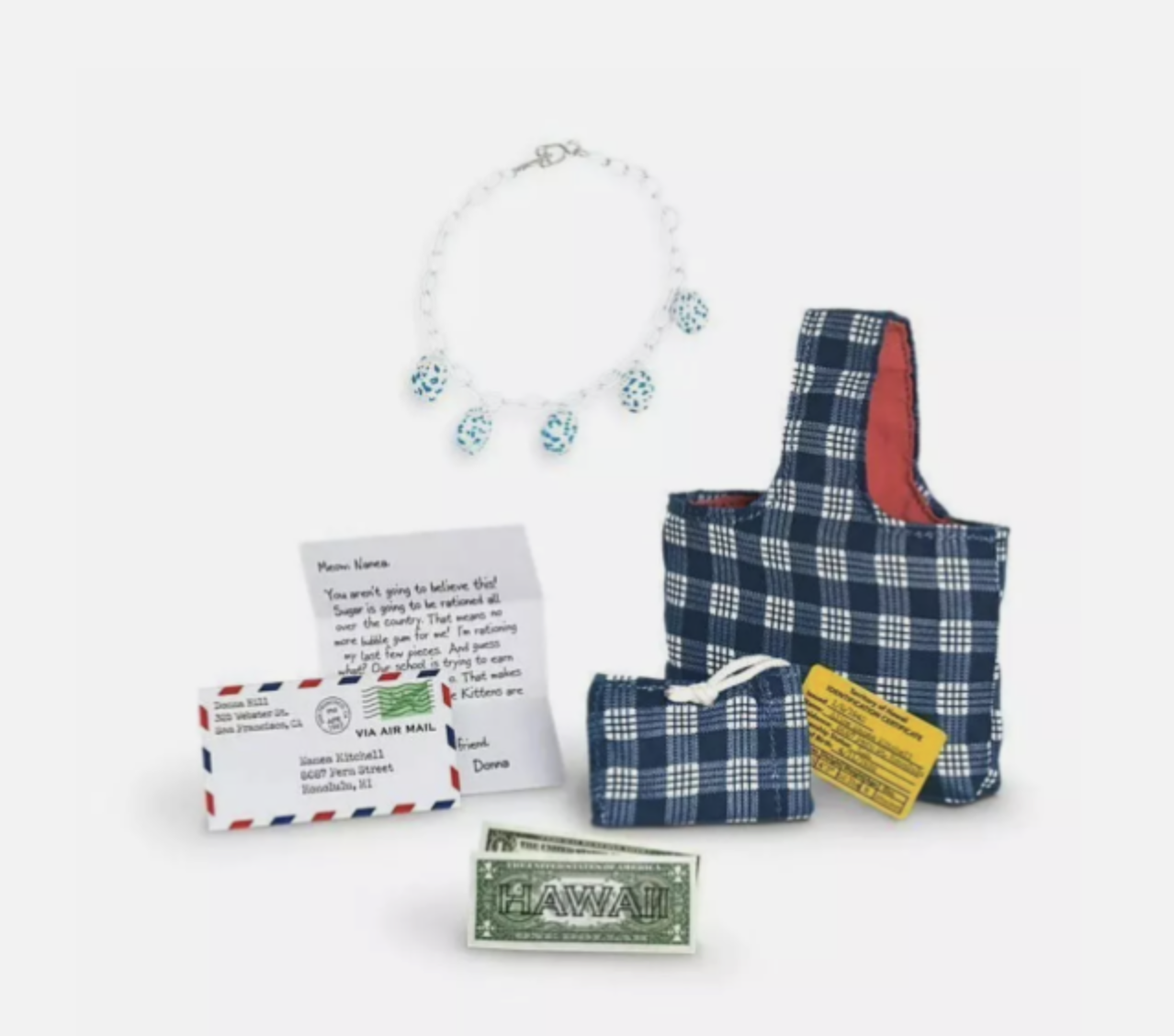 Dark Blue Plaid Handbag Shell Necklace Simulation Money Letter Full Accessory Play Set FOR 18'' doll
