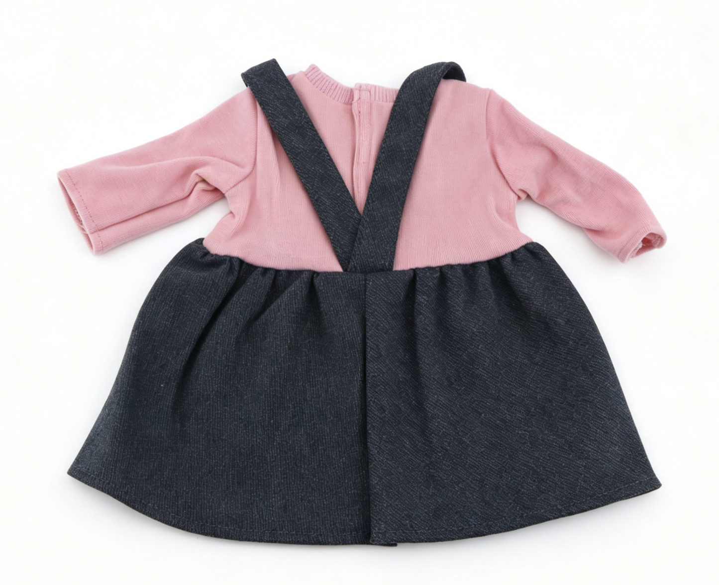 Faux Two-Piece Pink Ribbed Long Sleeve Wink Black Cat Embroidery Pinafore Dress For 18-Inch Dolls