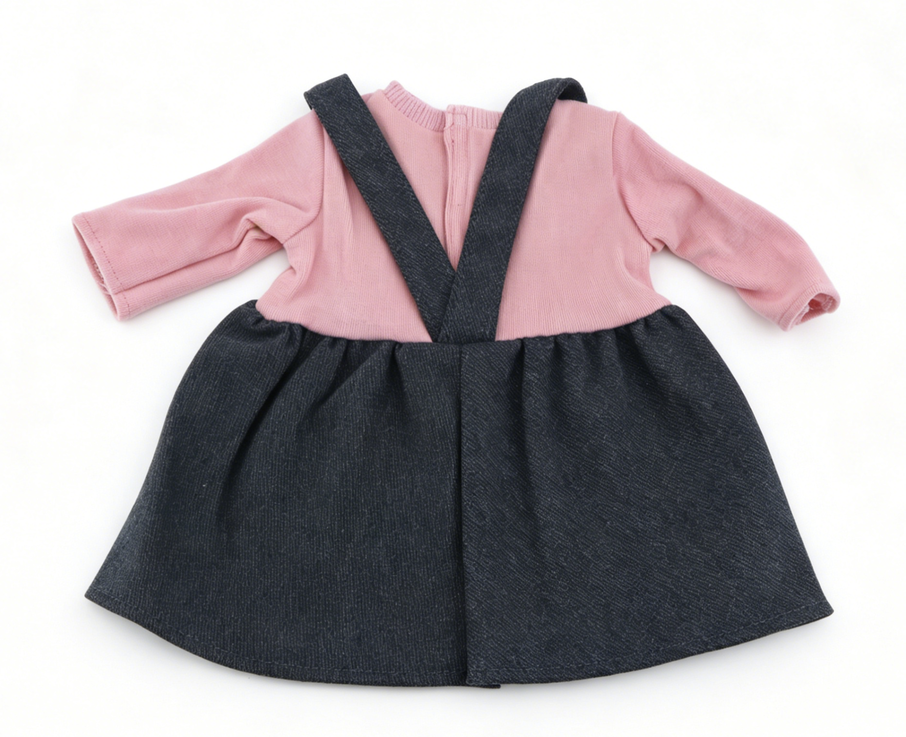 Faux Two-Piece Pink Ribbed Long Sleeve Wink Black Cat Embroidery Pinafore Dress For 18-Inch Dolls