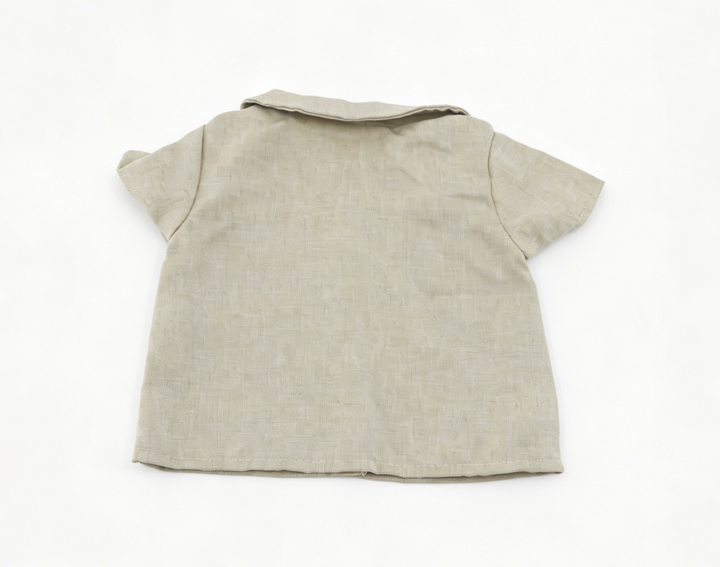 Beige Linen Short Sleeve Collared Shirt & Cuffed Dark Denim Shorts 2-Piece Summer Casual Outfit Set For 18-Inch Dolls