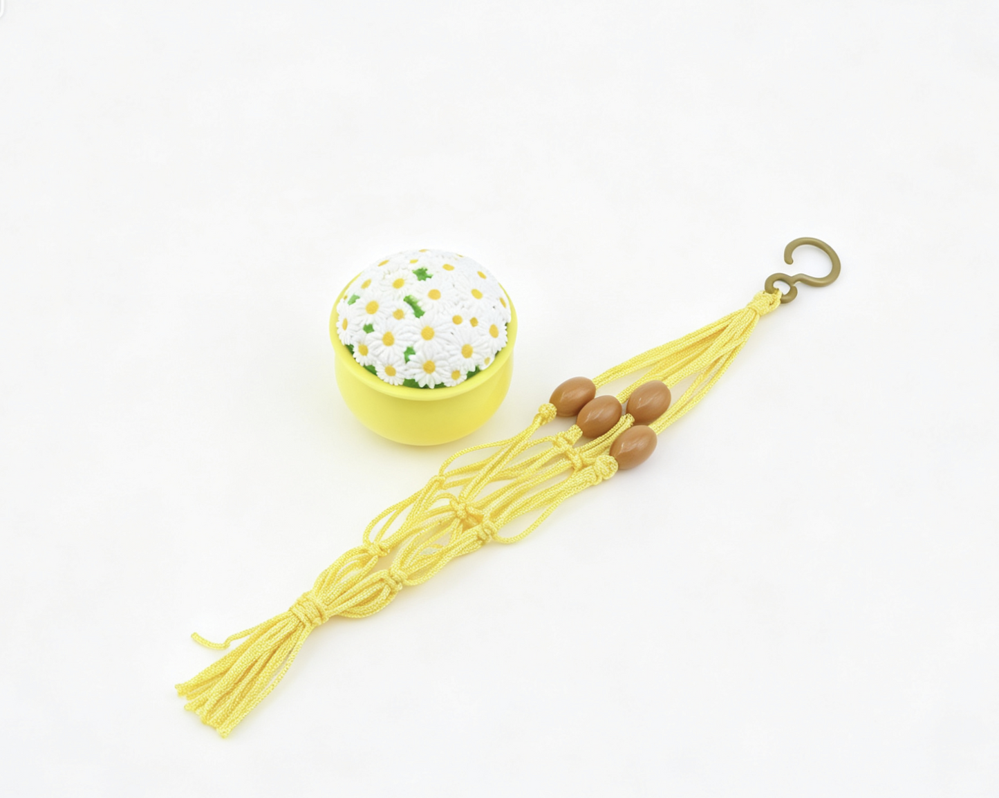 Boho Yellow Macrame Hanging Hamper with Daisy Top for 18'' Doll Retro 70s Bathroom Pretend Play