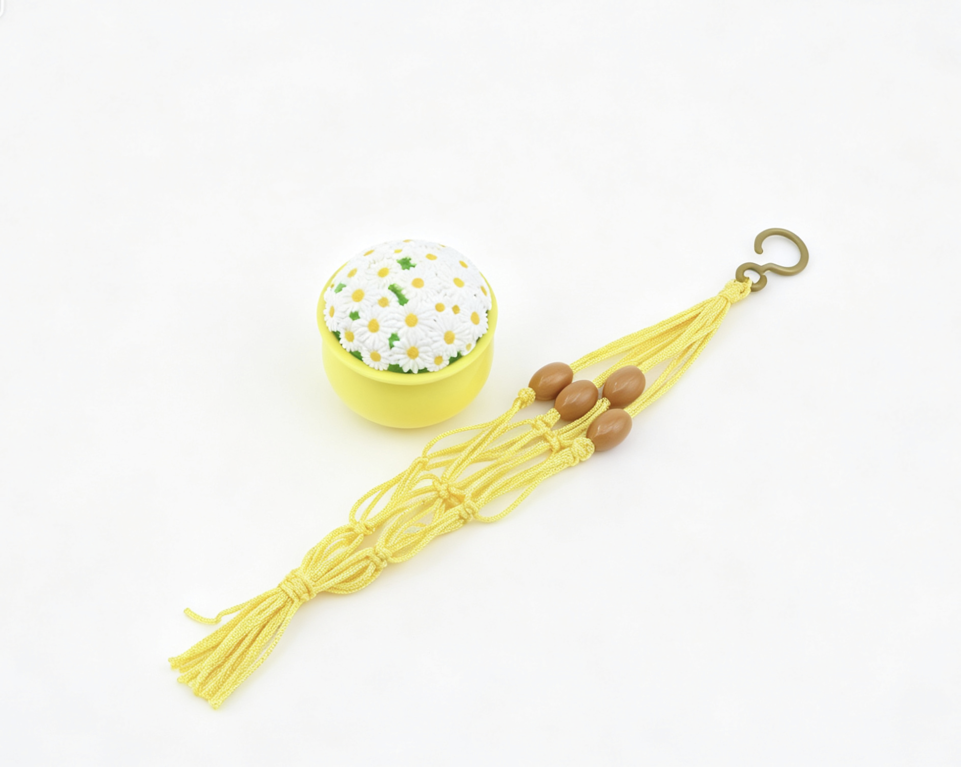 Boho Yellow Macrame Hanging Hamper with Daisy Top for 18'' Doll Retro 70s Bathroom Pretend Play