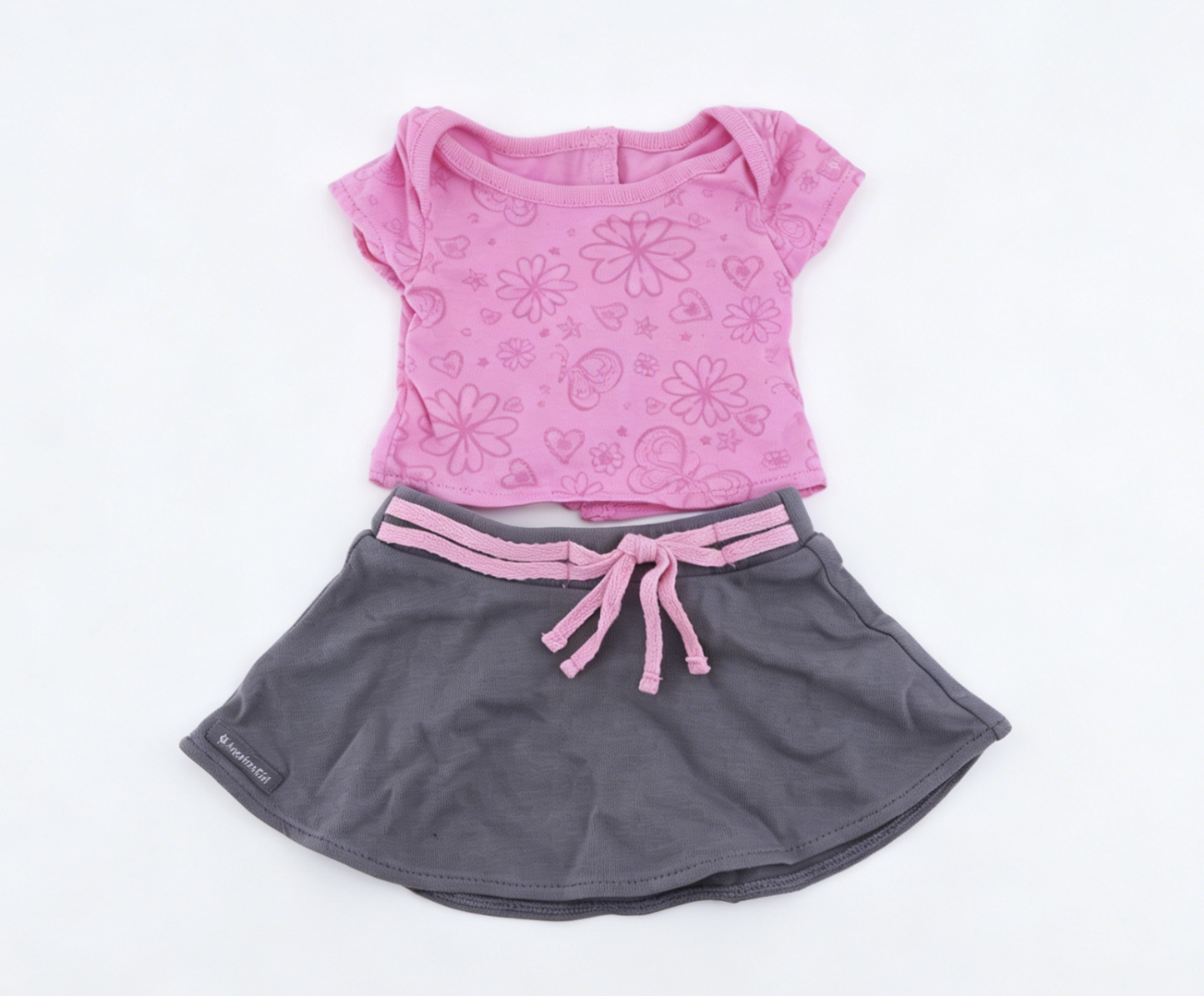 American Girl Pink Floral Short Sleeve Top & Gray Drawstring Skirt Outfit Set For 18-Inch Dolls