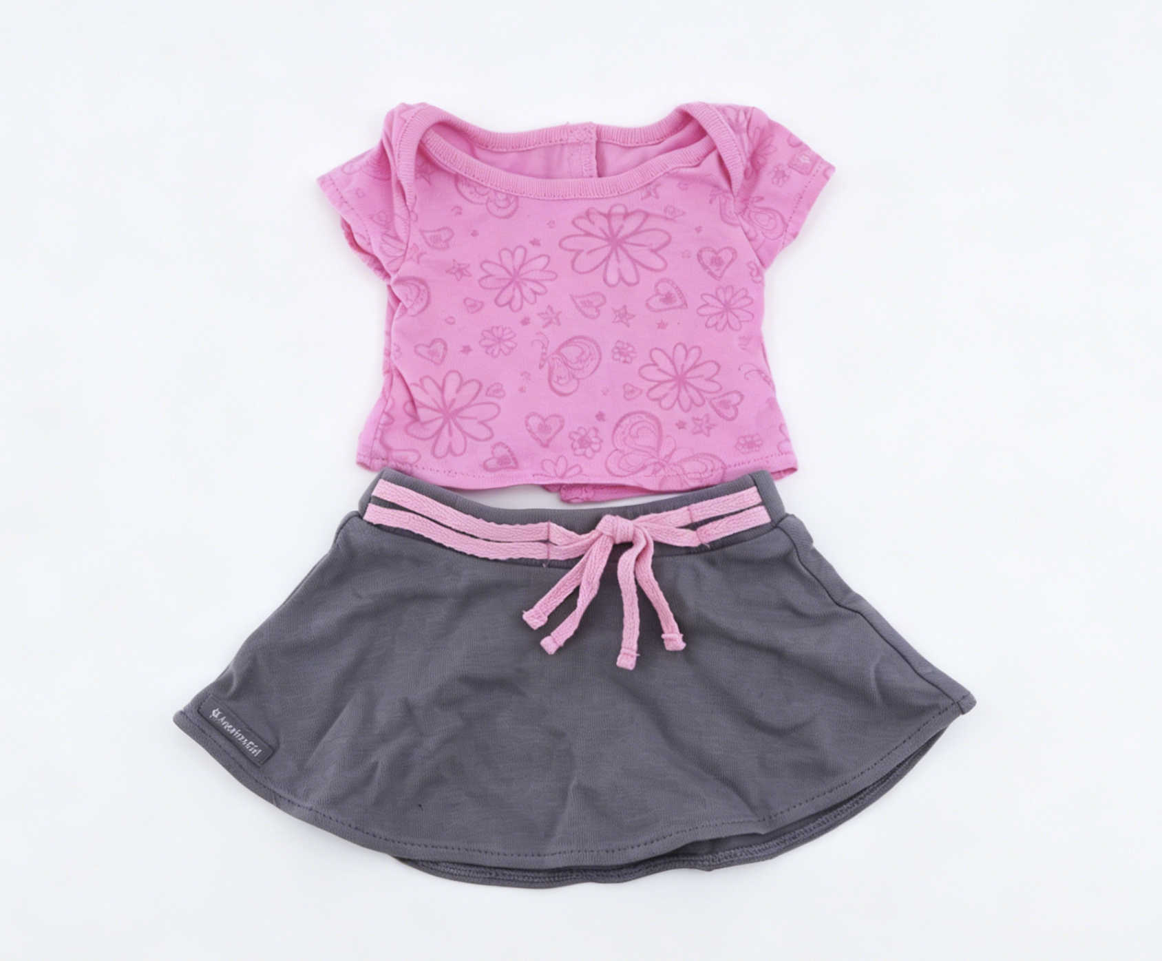 American Girl Pink Floral Short Sleeve Top & Gray Drawstring Skirt Outfit Set For 18-Inch Dolls