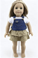 White Basic Short Sleeve Tee, Blue Denim Crop Overalls & Khaki Tiered Ruffle Skirt 3-Piece Casual Summer Outfit Set For 18-Inch Dolls