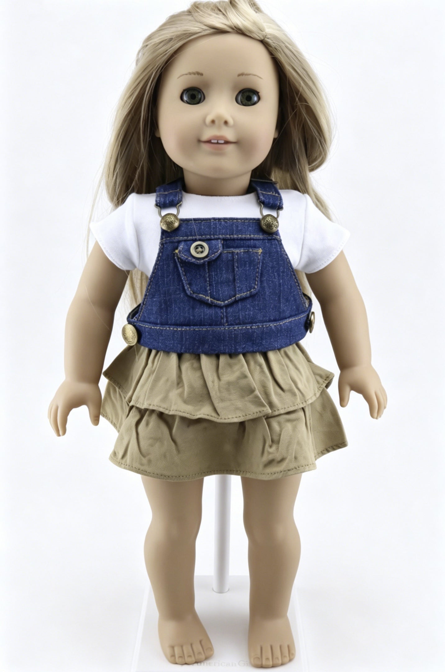 White Basic Short Sleeve Tee, Blue Denim Crop Overalls & Khaki Tiered Ruffle Skirt 3-Piece Casual Summer Outfit Set For 18-Inch Dolls