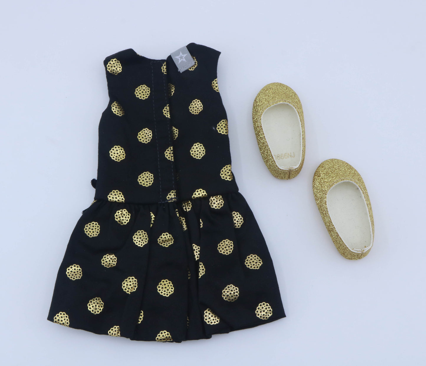 American Girl Black Gold Polka Dot Sleeveless Dress & Gold Glitter Shoes – For 14.5" Dolls