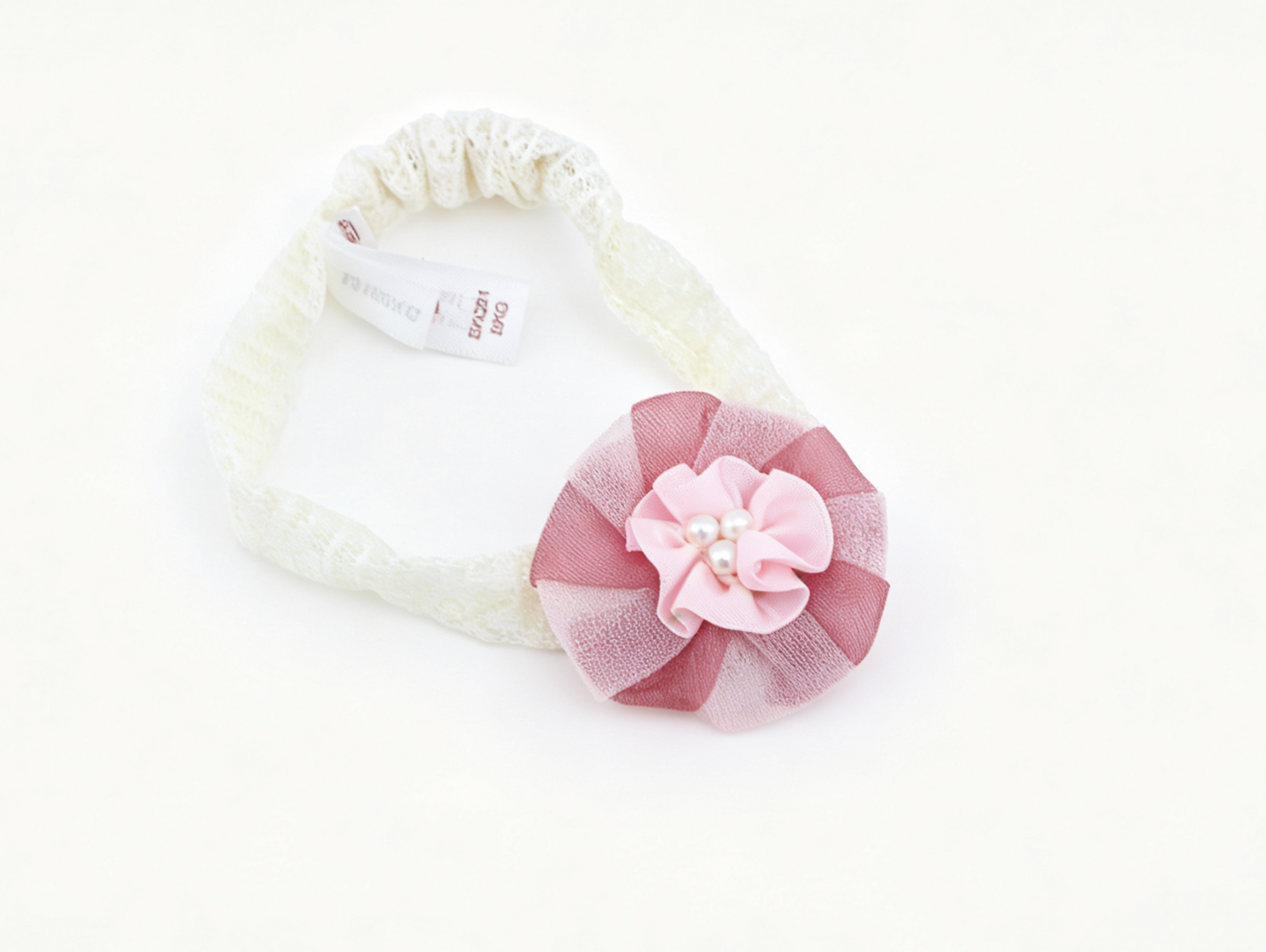 Cream Lace Elastic Headband With Pink Tulle Pearl Flower Floral Hair Accessory FOR 18'' doll