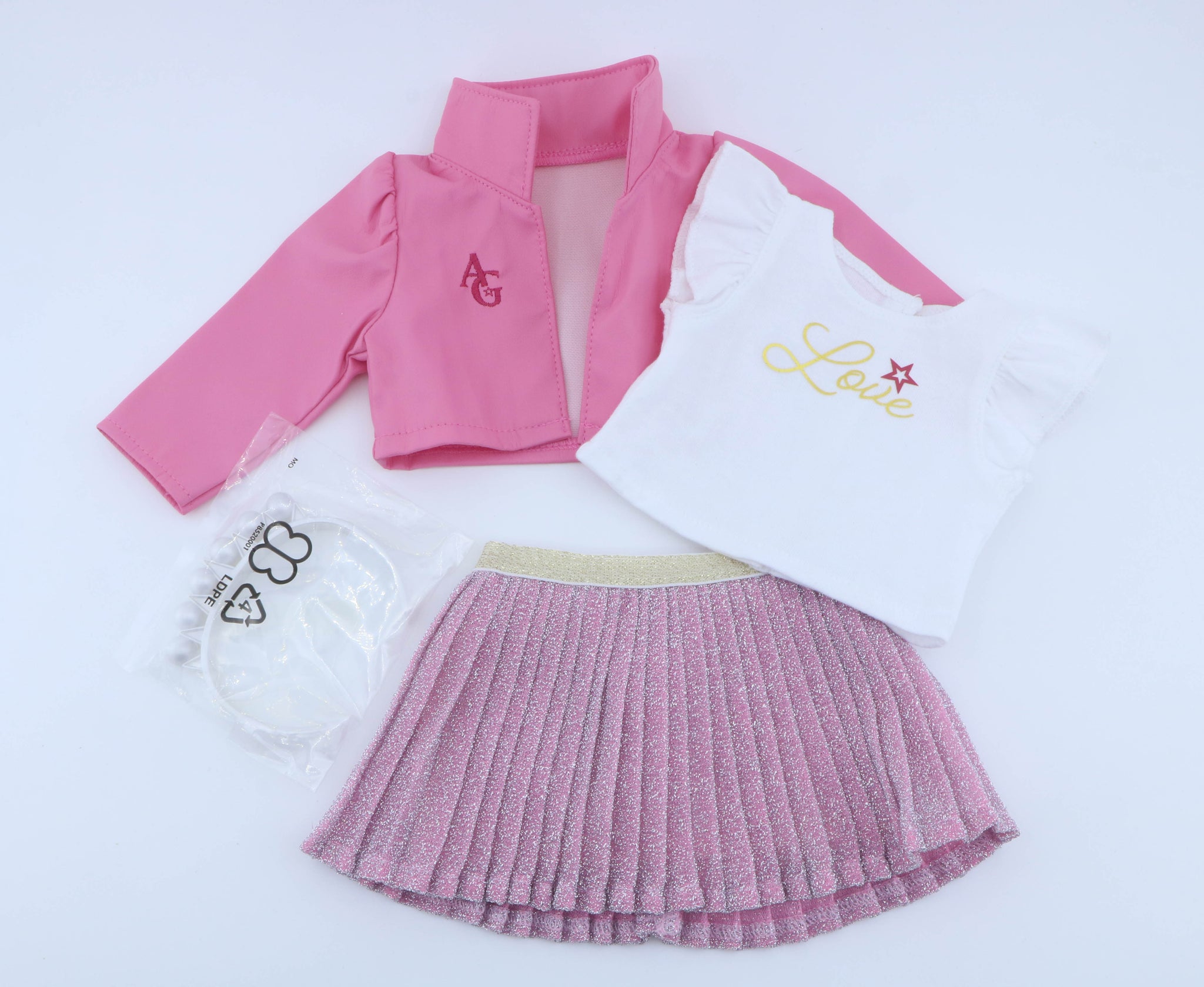 American Girl Pink Sparkle Pleated Skirt Outfit With Jacket & Love Top - For 18" Dolls