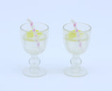 American Girl Pair of Clear Stem Lemonade Goblets With Lemon Slice & Striped Straw – For 18" Dolls
