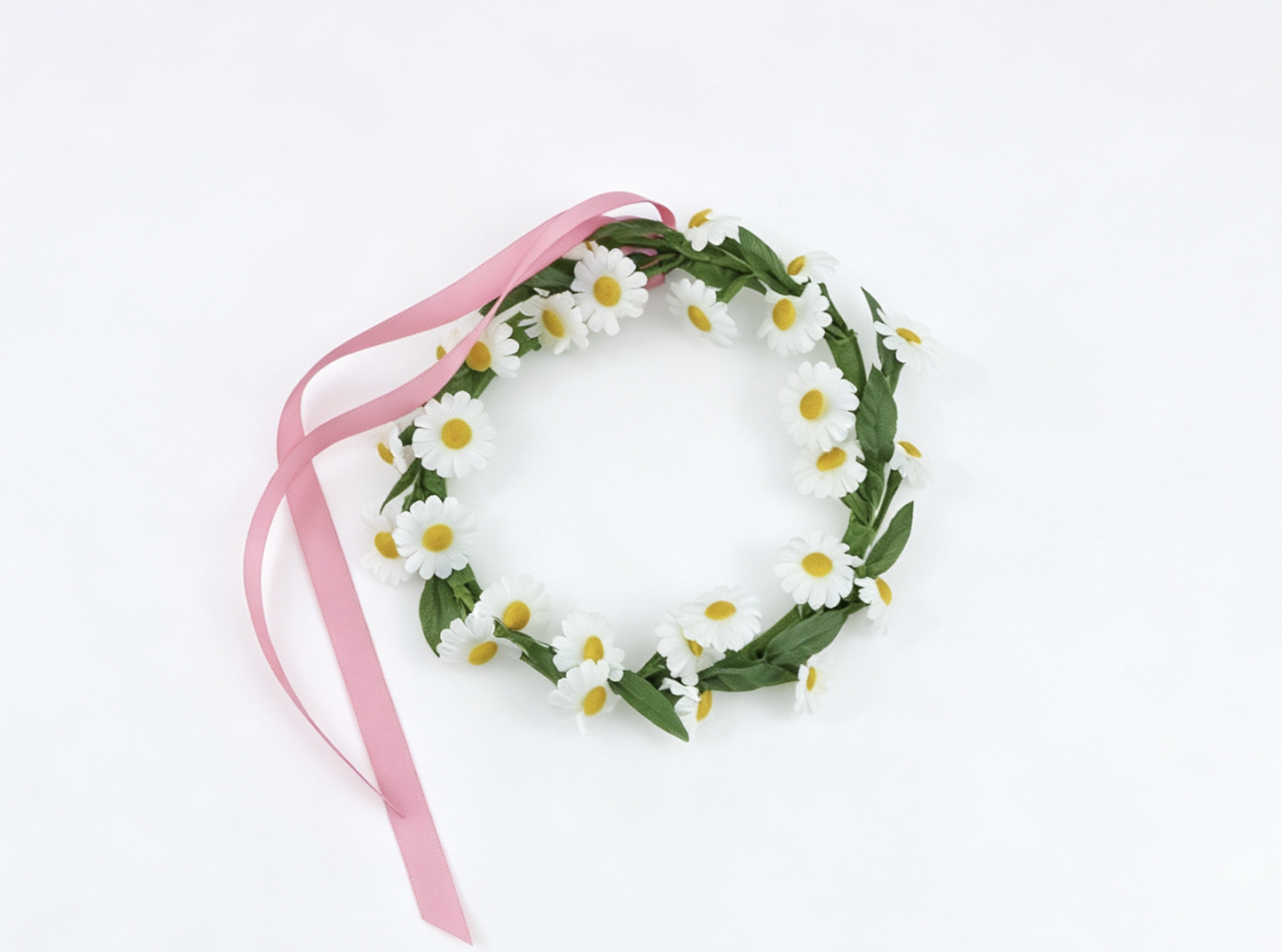 Daisy Flower Wreath Headband With Pink Ribbon Outdoor Floral Accessory for 18'' Doll Picnic Dress Up Play