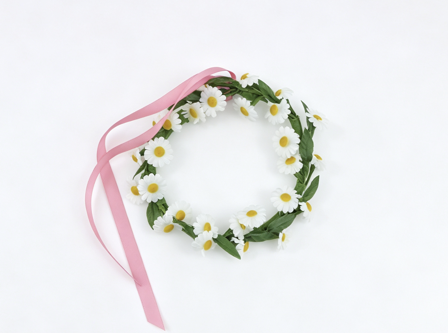 Daisy Flower Wreath Headband With Pink Ribbon Outdoor Floral Accessory for 18'' Doll Picnic Dress Up Play