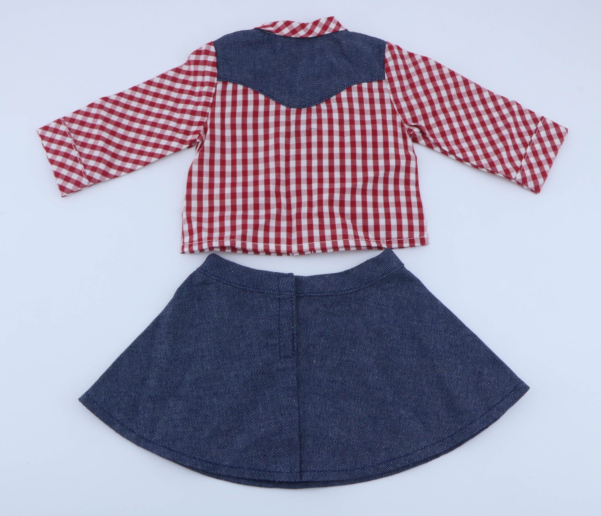 American Girl Red Gingham Western Cowboy Outfit with Denim Skirt for 18'' Doll