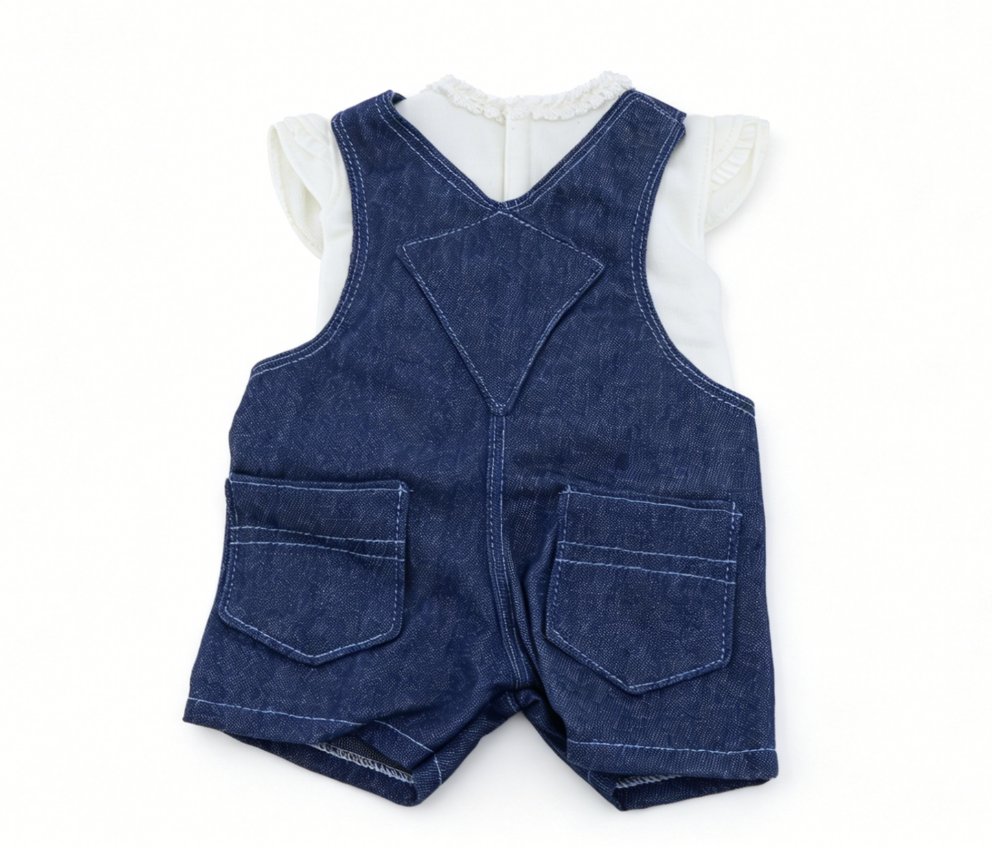 White Lace Ruffle Cap Sleeve Tank Top & Dark Denim Short Overalls 2-Piece Summer Outfit Set For 18-Inch Dolls