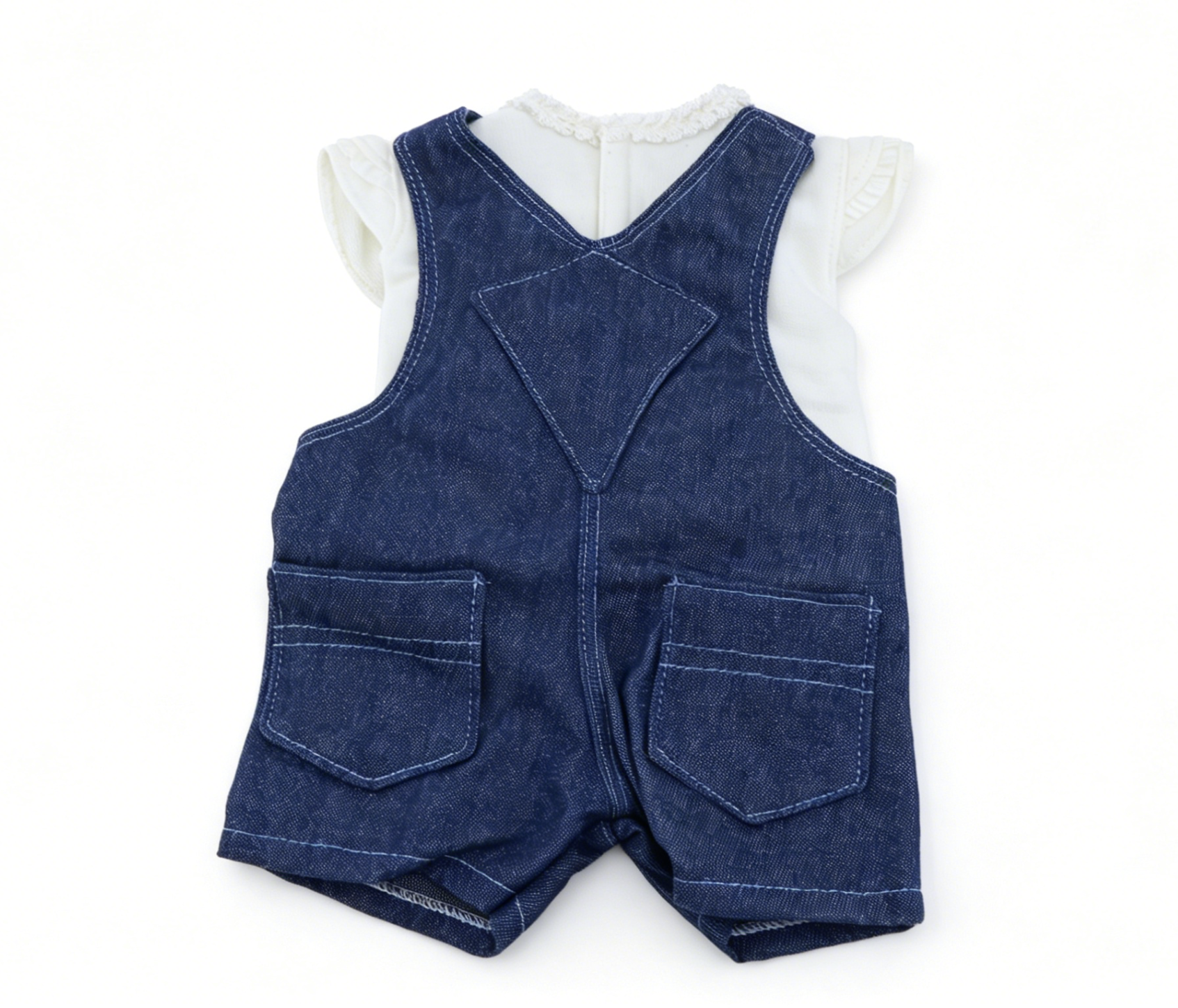 White Lace Ruffle Cap Sleeve Tank Top & Dark Denim Short Overalls 2-Piece Summer Outfit Set For 18-Inch Dolls