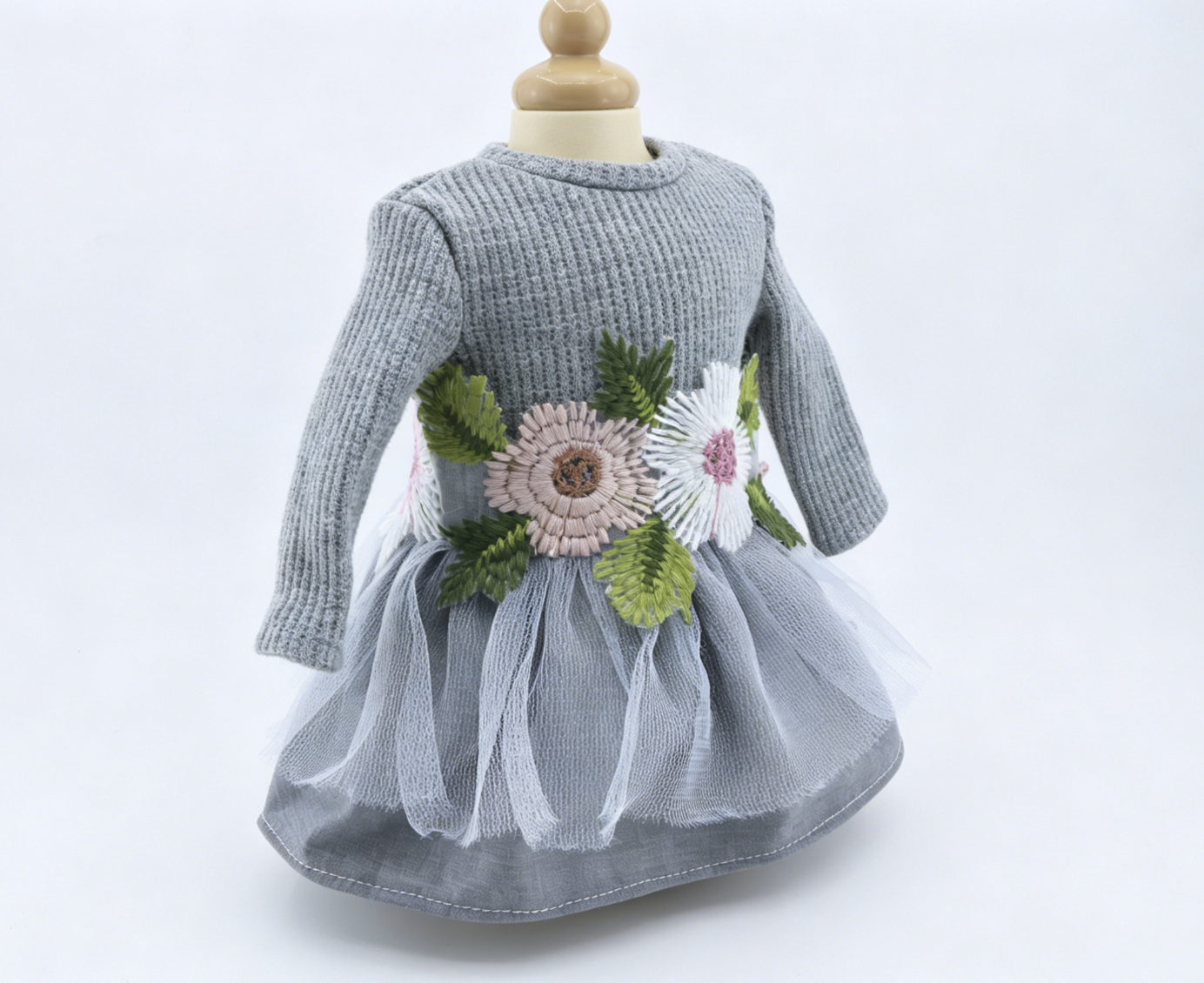 Angelina Gray Floral Embroidered Dress Set with Shoes for 18'' Doll