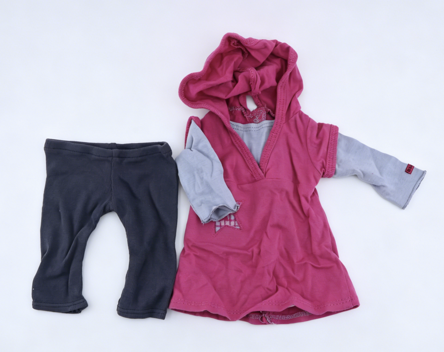 American Girl Pink Star Patch Hooded Tunic Layer Outfit With Dark Gray Leggings For 18-Inch Dolls