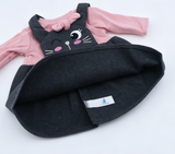 Faux Two-Piece Pink Ribbed Long Sleeve Wink Black Cat Embroidery Pinafore Dress For 18-Inch Dolls