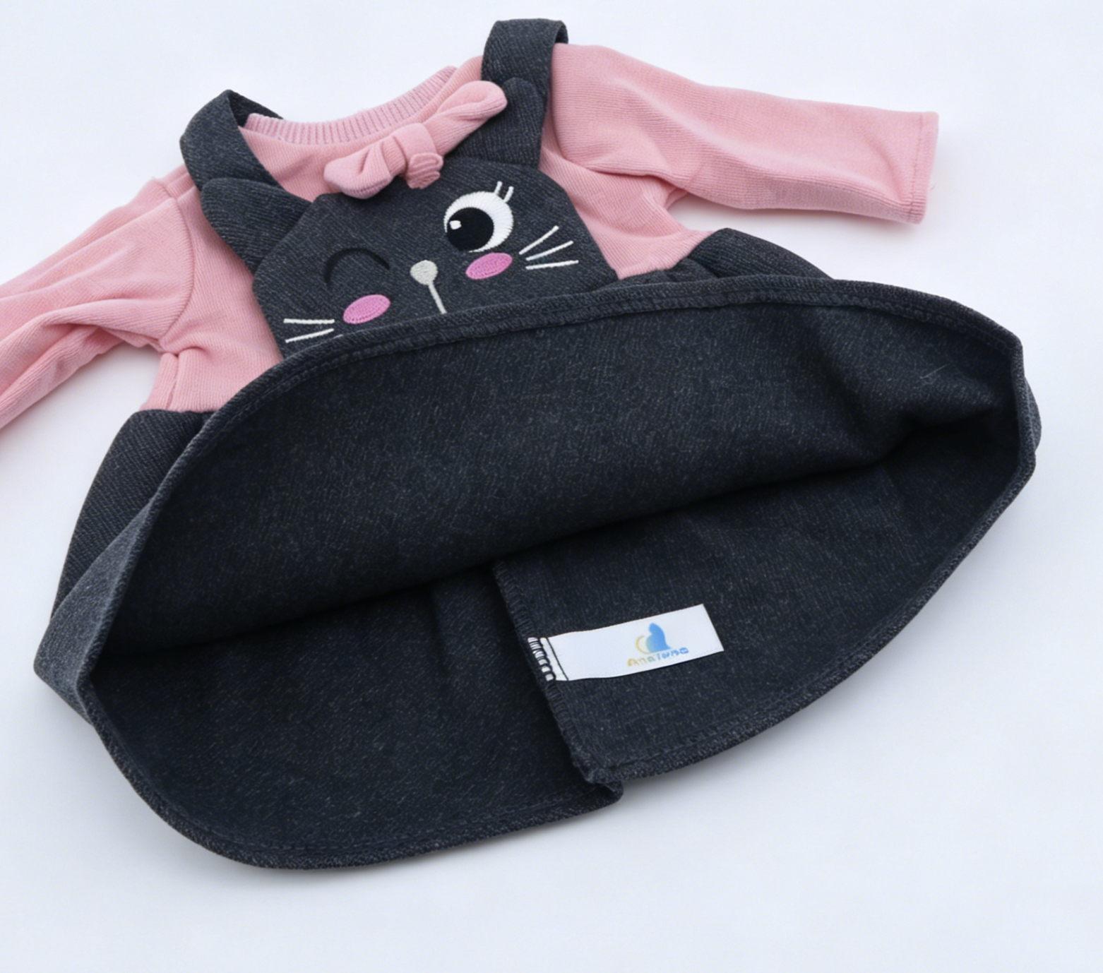 Faux Two-Piece Pink Ribbed Long Sleeve Wink Black Cat Embroidery Pinafore Dress For 18-Inch Dolls