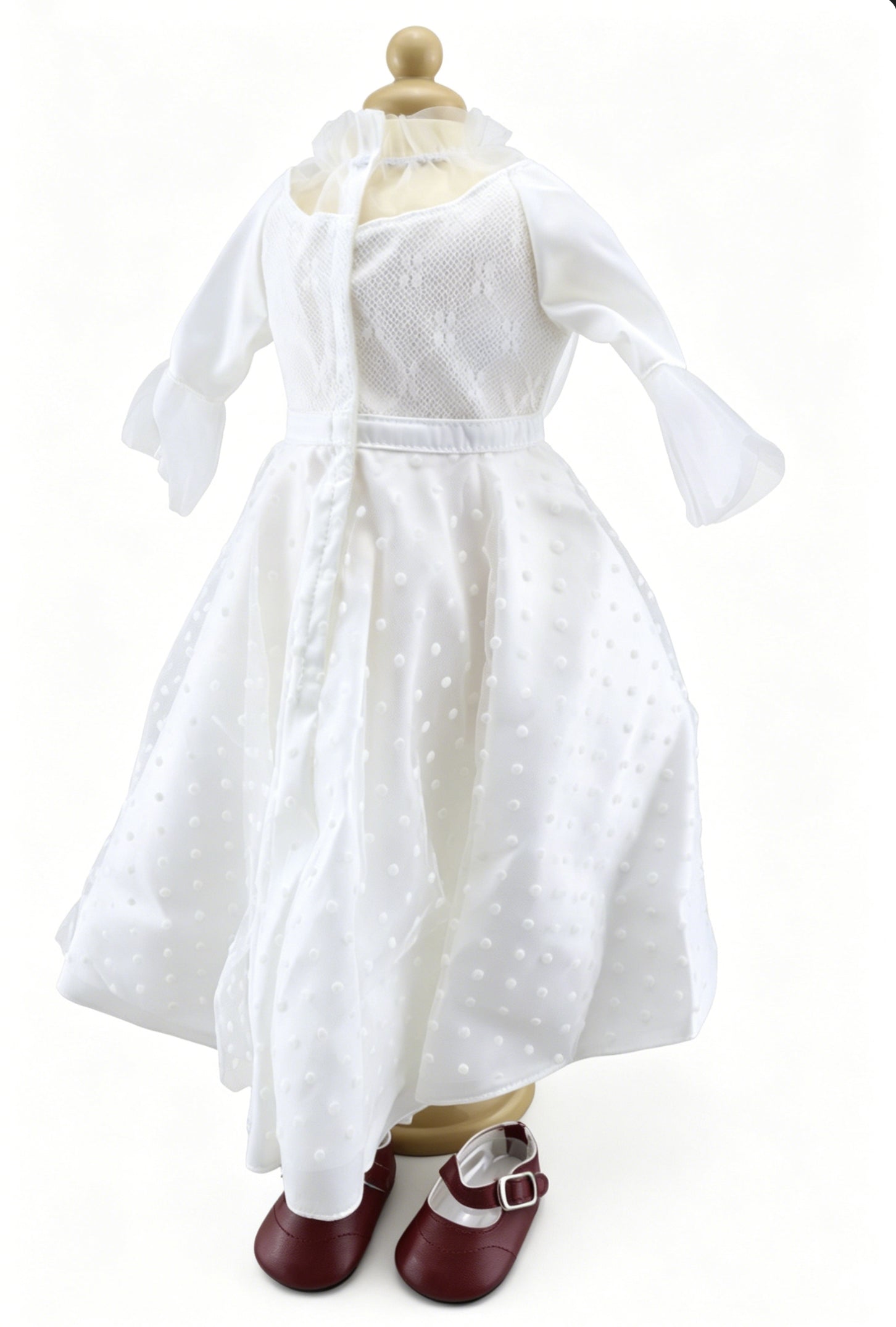 White Polka Dot Tulle High-Low Bell Sleeve Formal Dress & Burgundy Mary Jane Shoes 2-Piece Special Occasion Outfit For 18-Inch Dolls