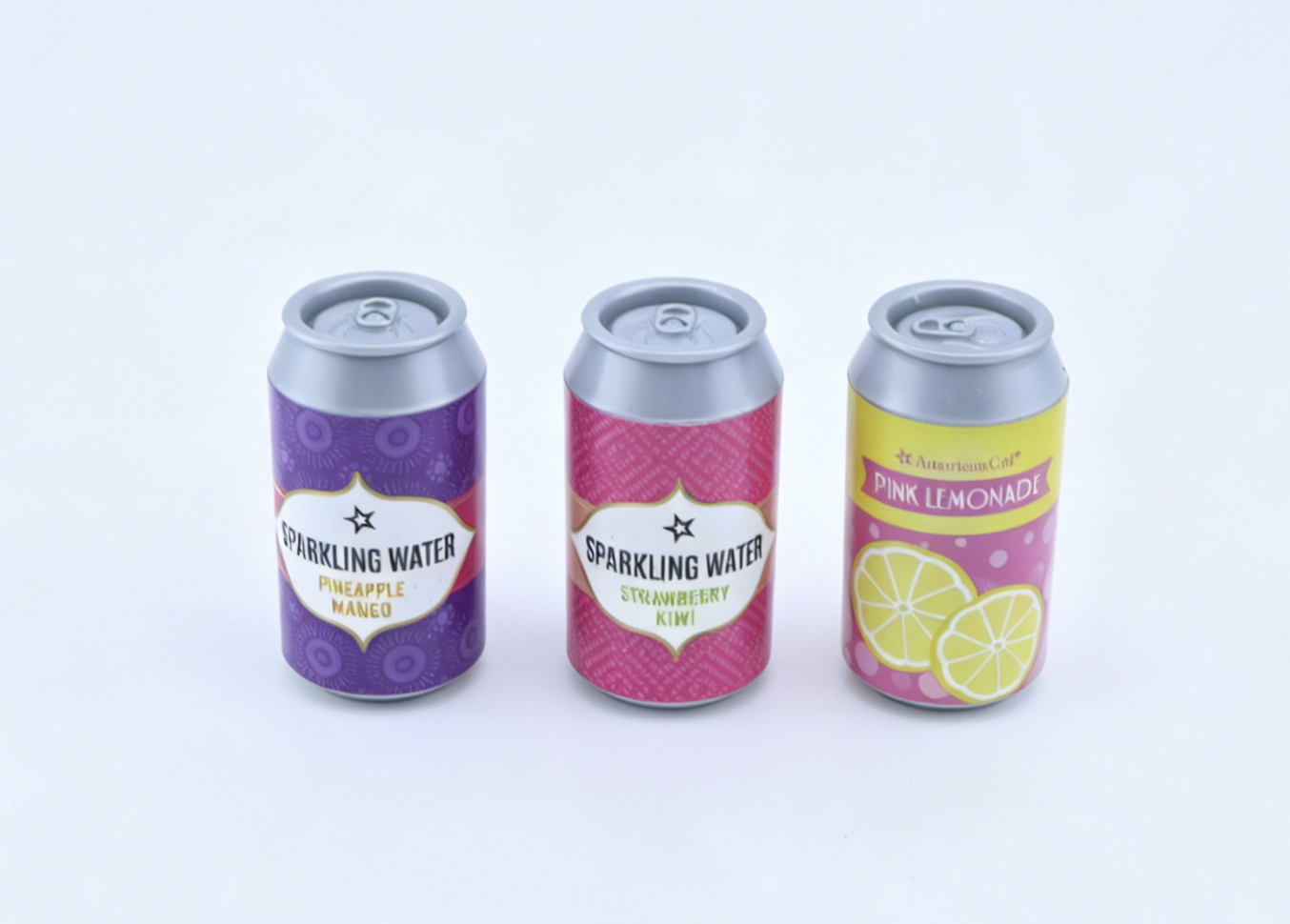 American Girl Mini Soda Can 3 Pack Sparkling Water Pink Lemonade For 18'' Doll Kitchen Drink Accessory