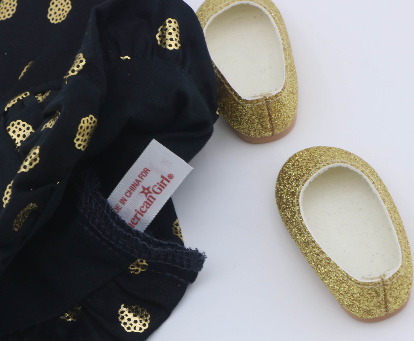 American Girl Black Gold Polka Dot Sleeveless Dress & Gold Glitter Shoes – For 14.5" Dolls