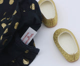 American Girl Black Gold Polka Dot Sleeveless Dress & Gold Glitter Shoes – For 14.5" Dolls