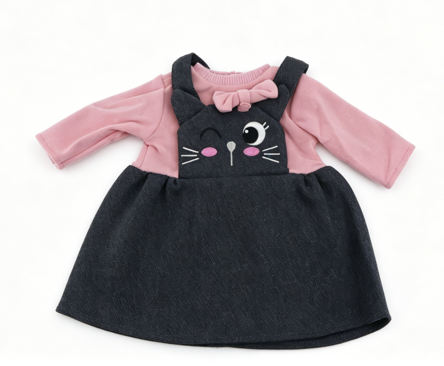Faux Two-Piece Pink Ribbed Long Sleeve Wink Black Cat Embroidery Pinafore Dress For 18-Inch Dolls