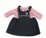 Faux Two-Piece Pink Ribbed Long Sleeve Wink Black Cat Embroidery Pinafore Dress For 18-Inch Dolls