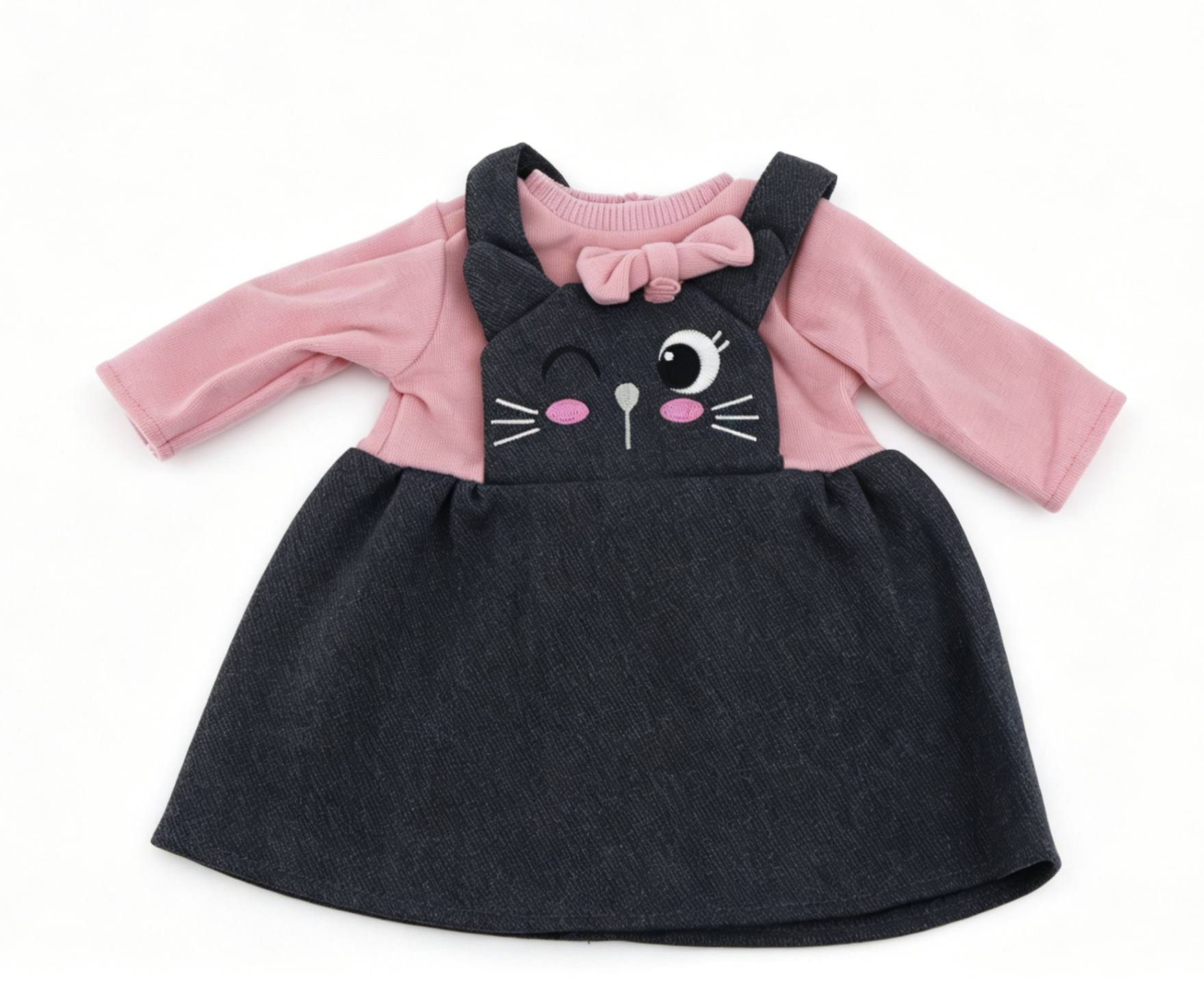 Faux Two-Piece Pink Ribbed Long Sleeve Wink Black Cat Embroidery Pinafore Dress For 18-Inch Dolls