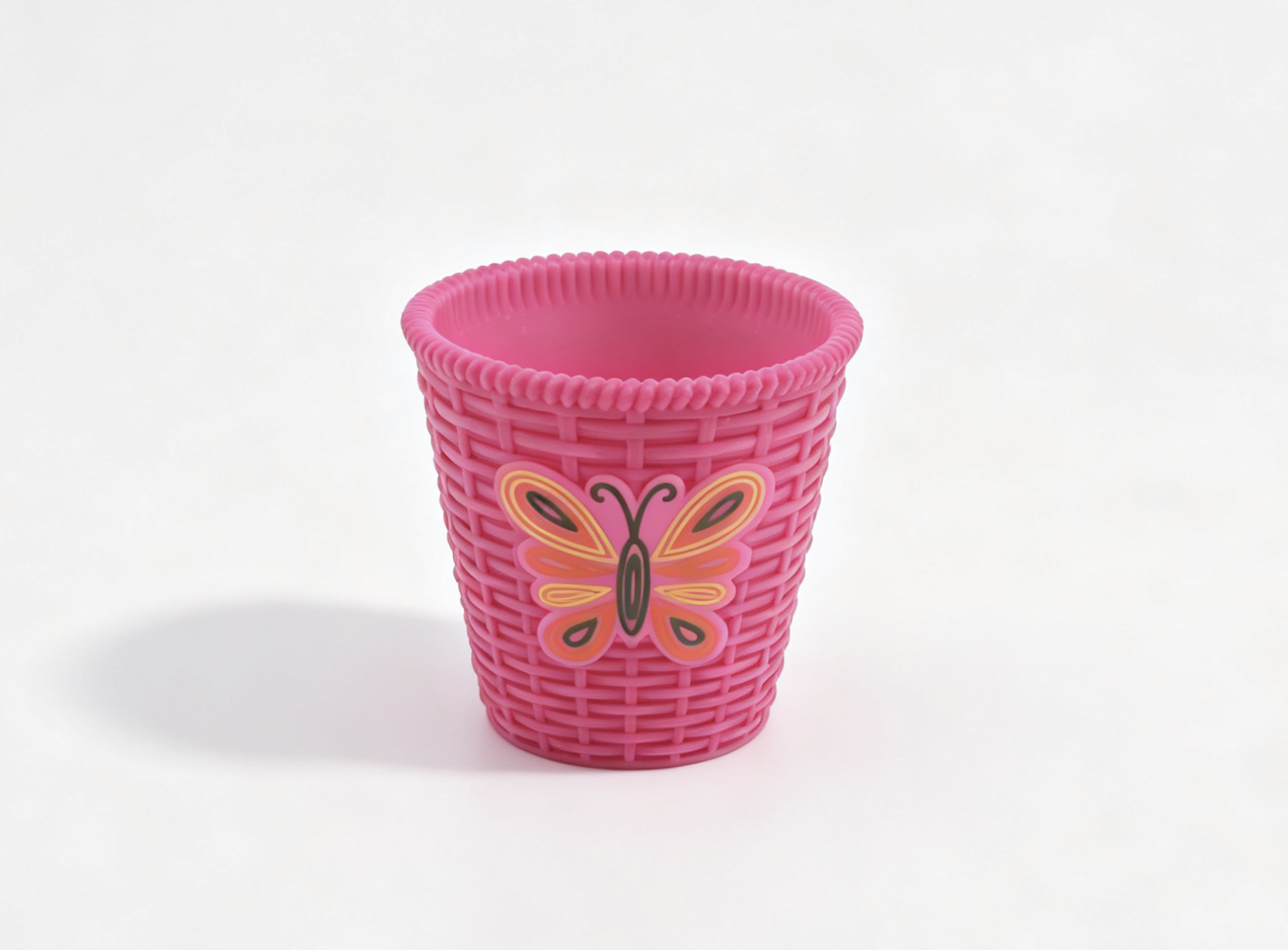 Pink Wicker Textured Trash Can with Butterfly Decal for 18'' Doll Retro Groovy Bathroom Pretend Play