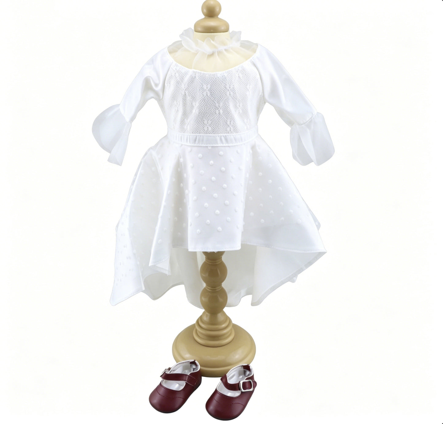 White Polka Dot Tulle High-Low Bell Sleeve Formal Dress & Burgundy Mary Jane Shoes 2-Piece Special Occasion Outfit For 18-Inch Dolls