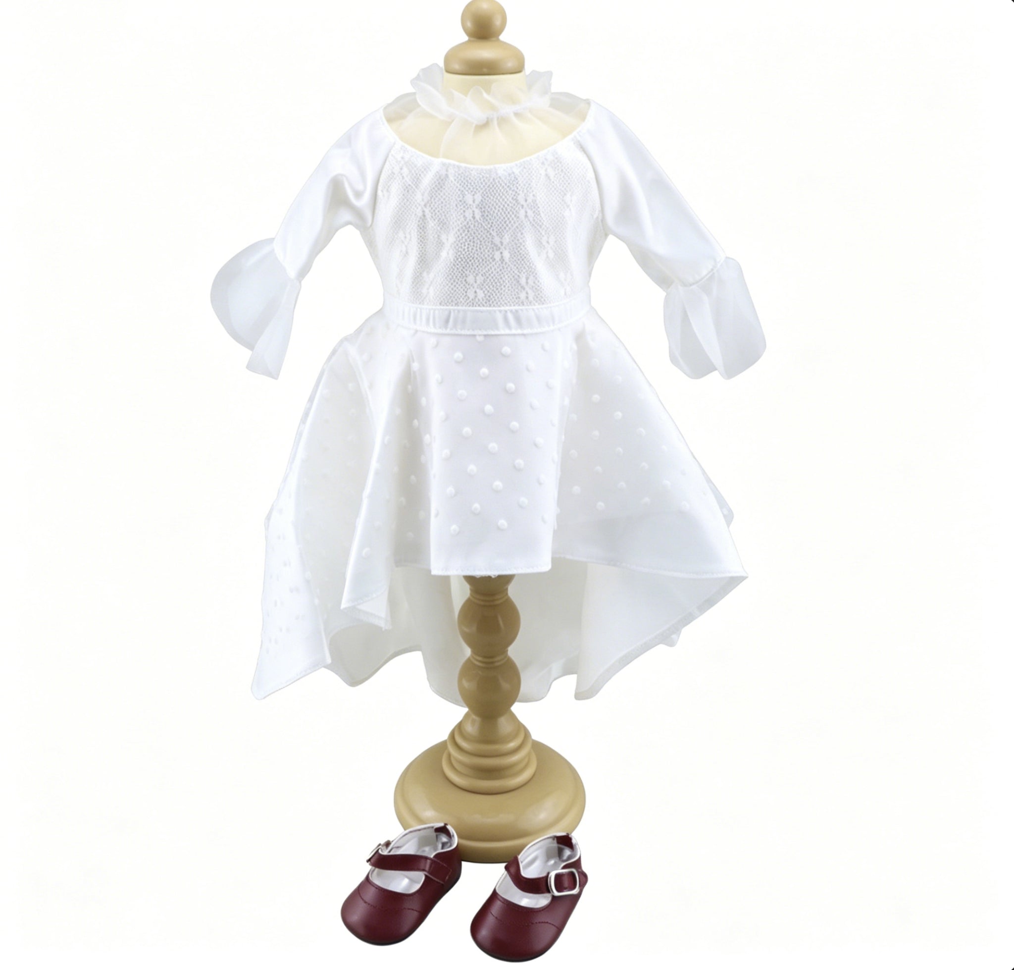 White Polka Dot Tulle High-Low Bell Sleeve Formal Dress & Burgundy Mary Jane Shoes 2-Piece Special Occasion Outfit For 18-Inch Dolls